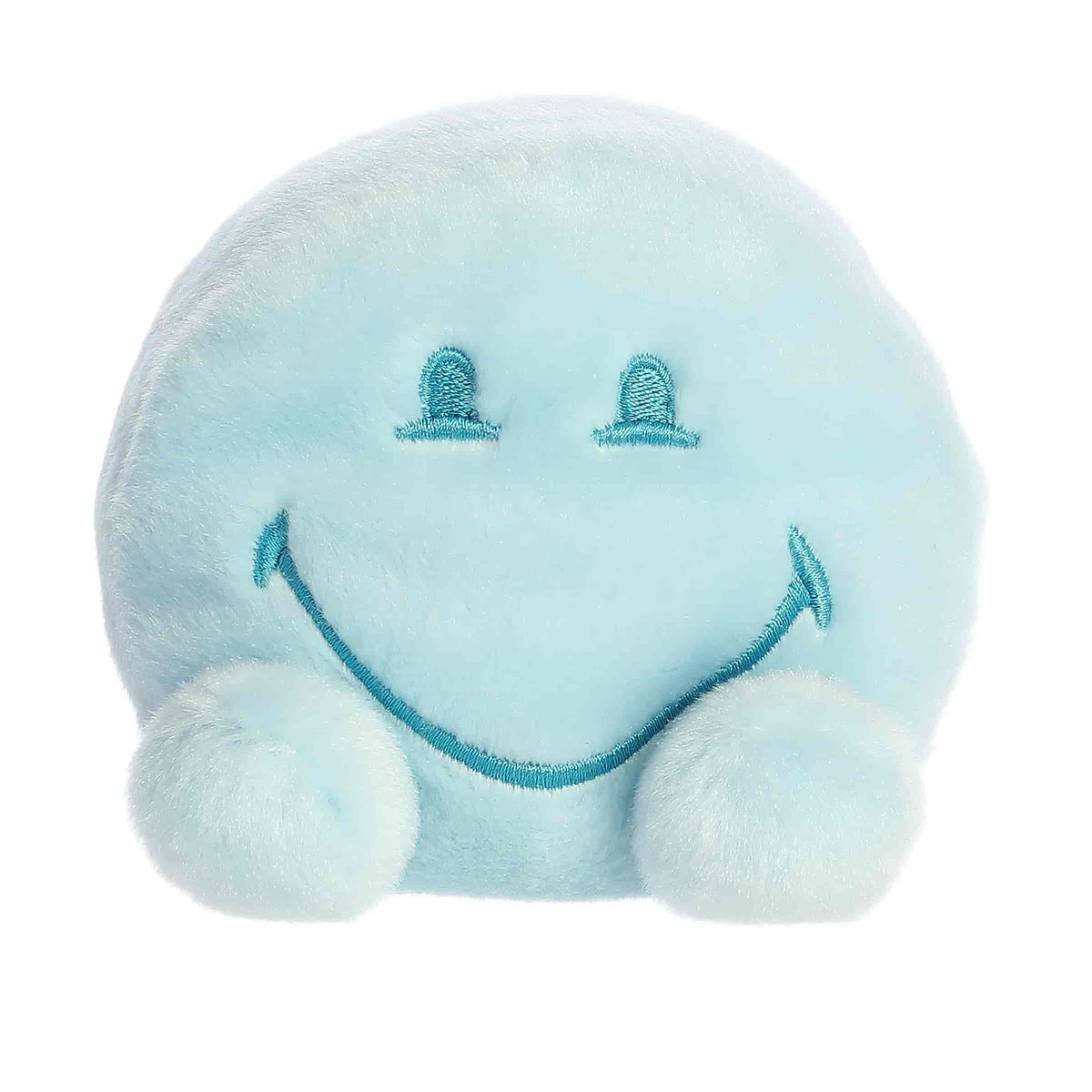 A sky-blue plush with a cheerful smile and bright eyes from the SmileyWorld Palm Pals Collection.