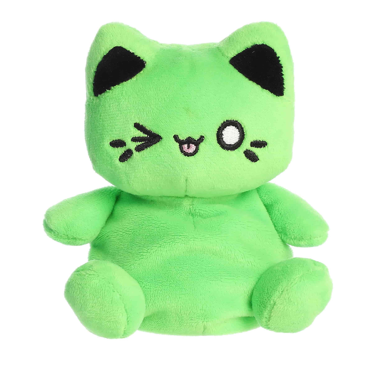 A neon-green Meowchi kitty plush with a mischievous smile from the Tasty Peach Palm Pals Collection.
