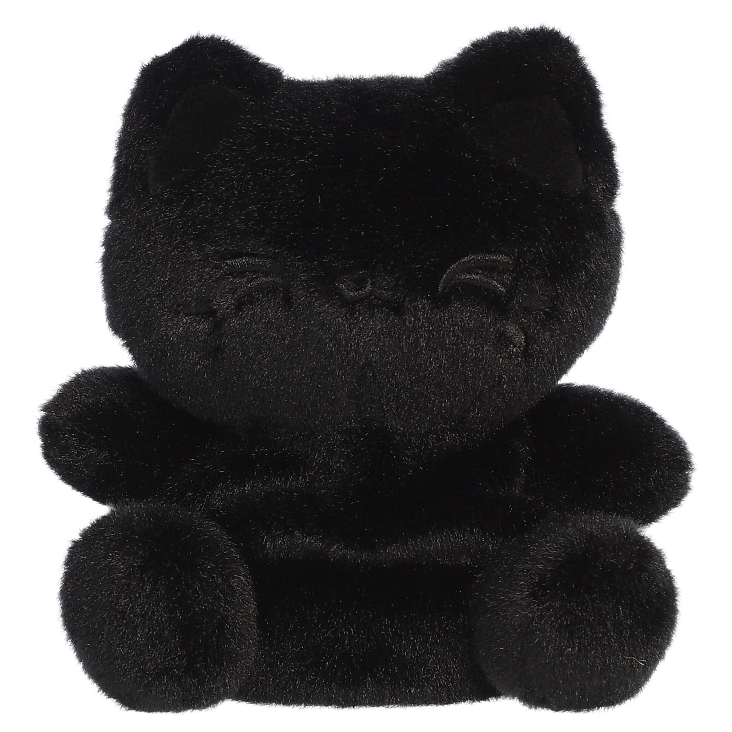 A black cat plush toy from Aurora with rounded paws and a facial expression embroidered entirely in black.