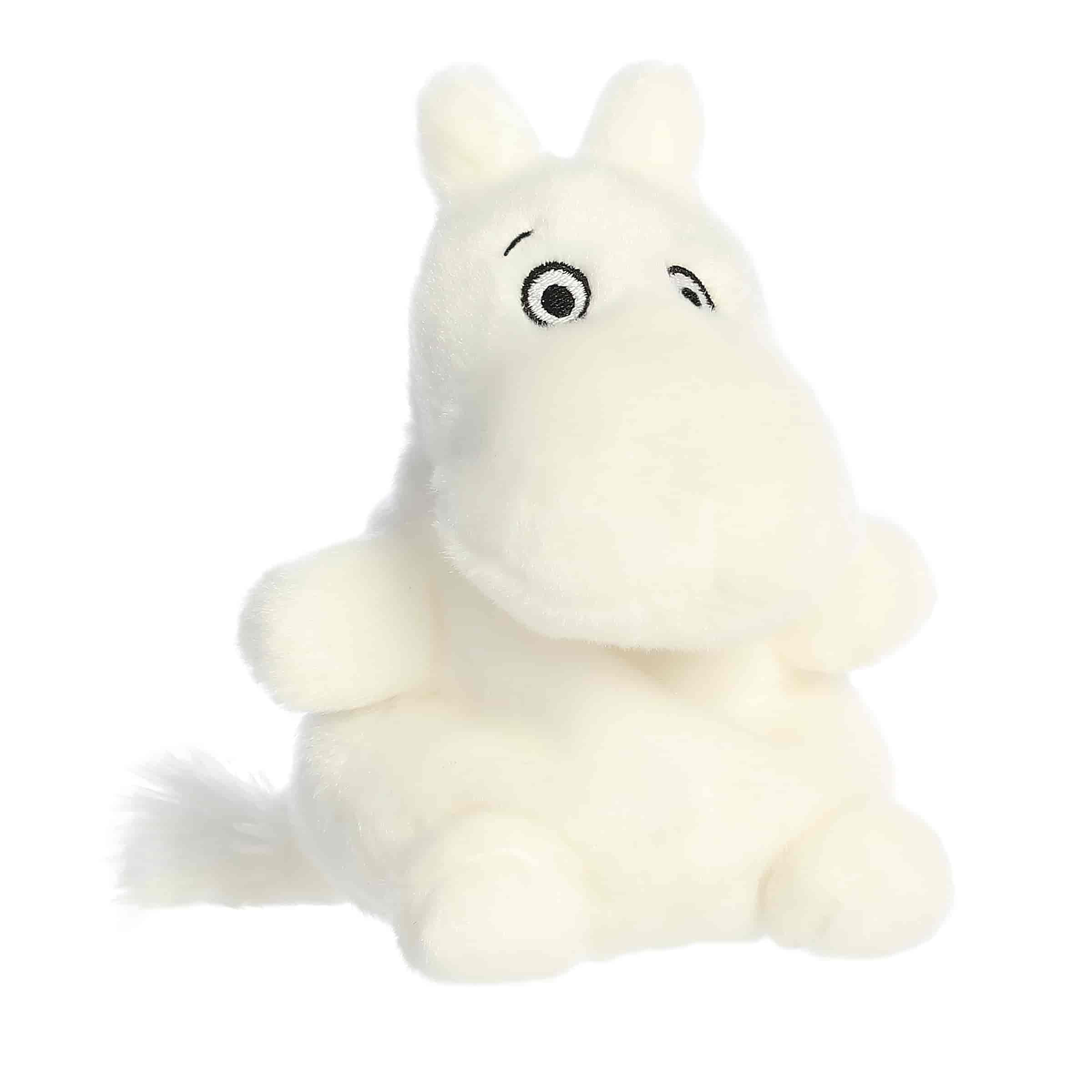 A white Moomin plush with a round body, gentle eyes, and a serene smile from the Palm Pals Collection.