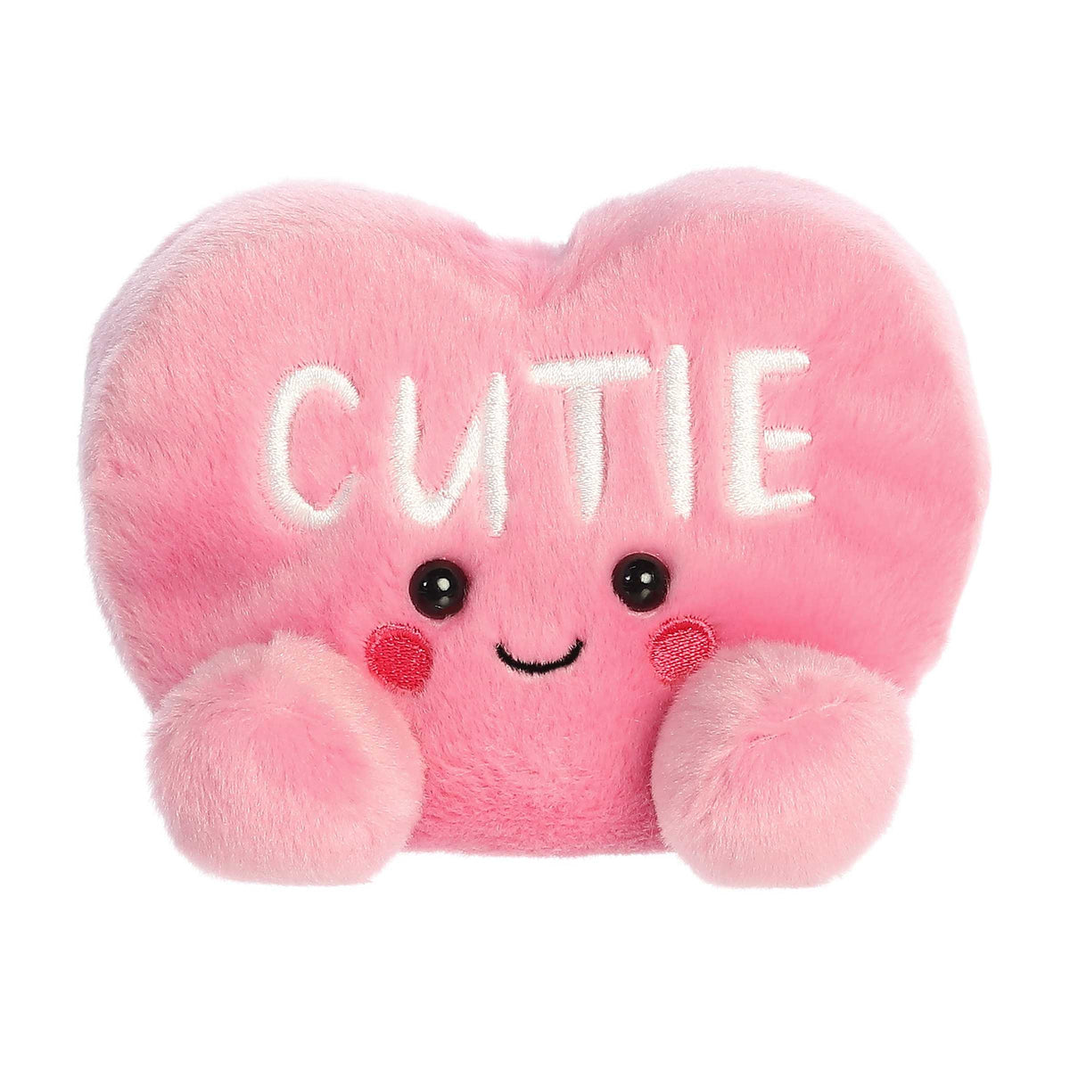 Pink Cutie Candy Heart plush with 'CUTIE' in white, ideal for Valentine's gifts and cuddles.