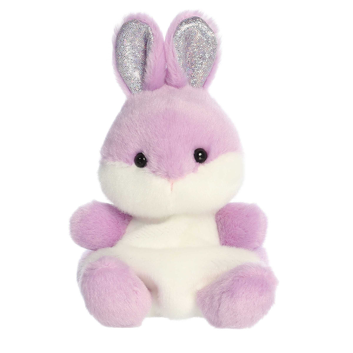 Plush bunny in lavender with white belly and gentle eyes, exuding calm, fits in the palm of your hand