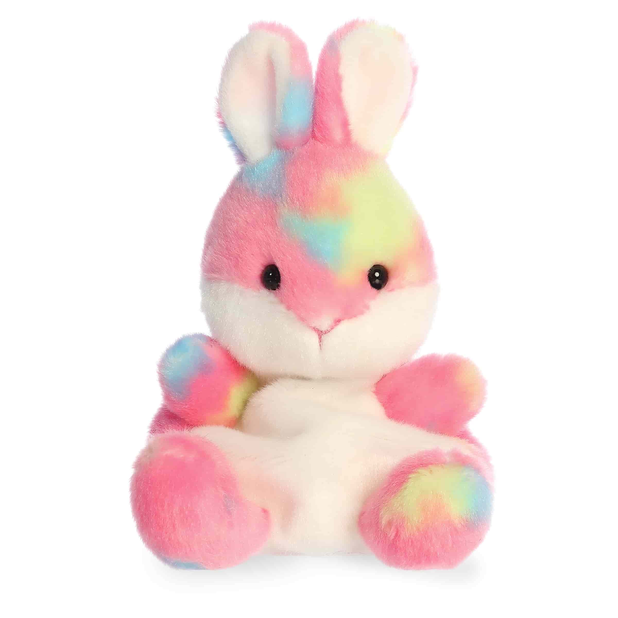Pastel bunny plush with pink and blue candy-inspired colors, rounded Palm Pal shape, and smiling face