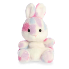 Pastel mosaic bunny plush with rounded Palm Pal shape, soft fabric body, and cheerful expression