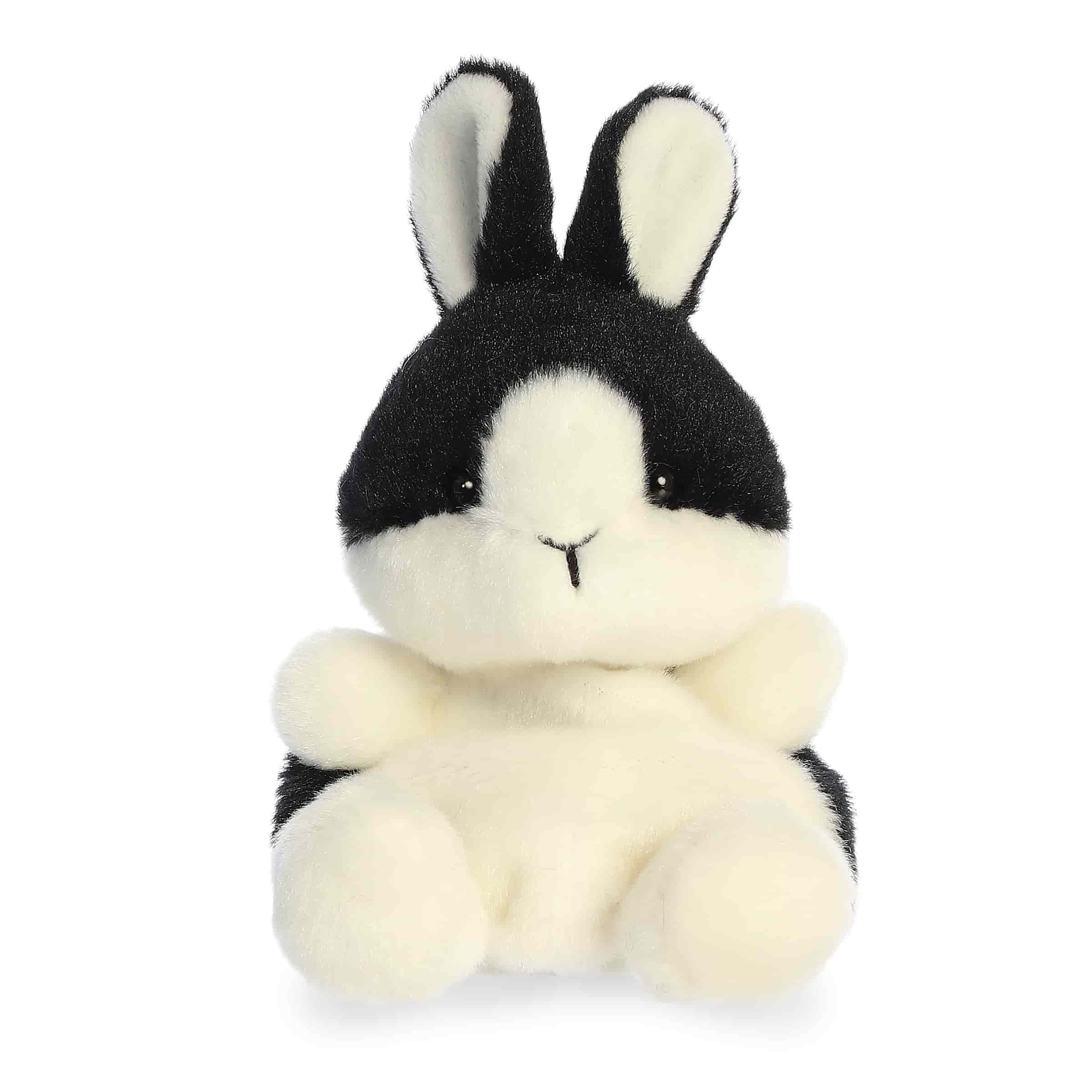 Black and white bunny plush with rounded Palm Pal shape, soft fabric body, and sweet smiling face