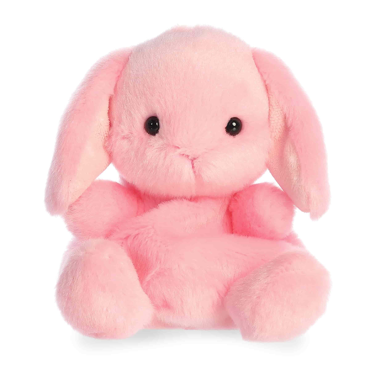 Pink lop bunny plush with floppy ears, rounded Palm Pal shape, soft fabric body, and gentle face