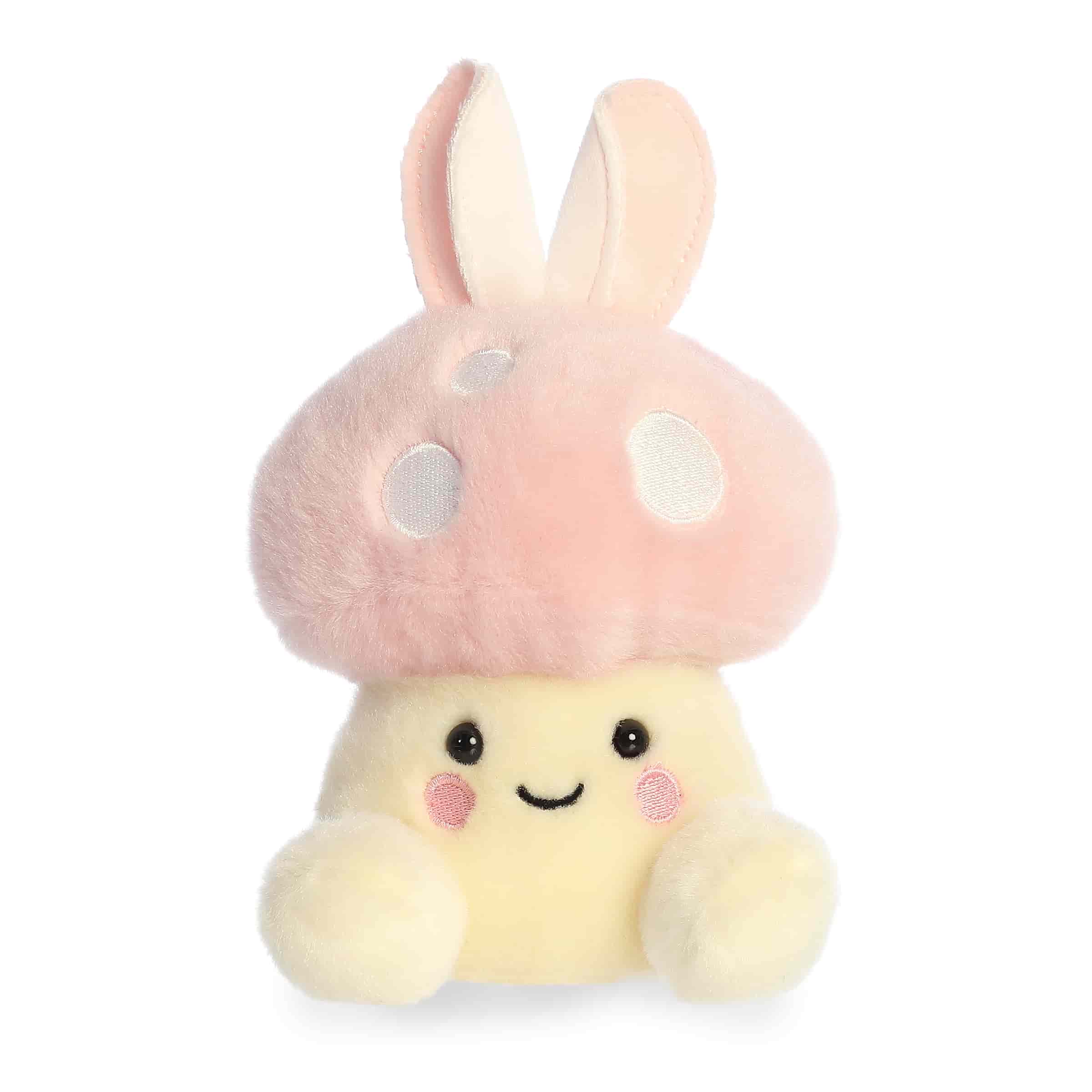 Mushroom bunny plush with pastel cap, bunny ears, rounded Palm Pal shape, and sweet expression
