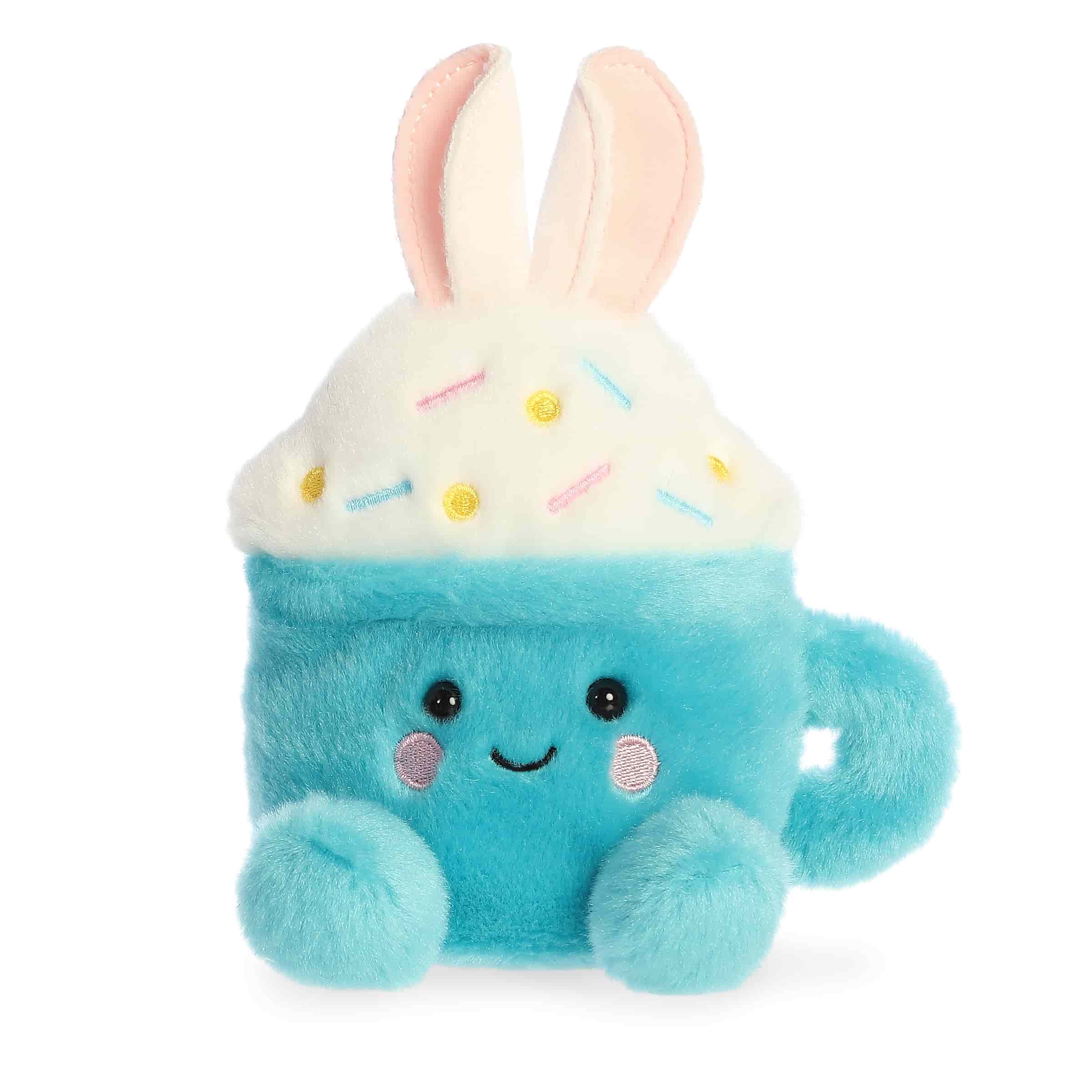 Bunny latte plush with pastel cup design, rounded Palm Pal shape, soft fabric body, and sweet face