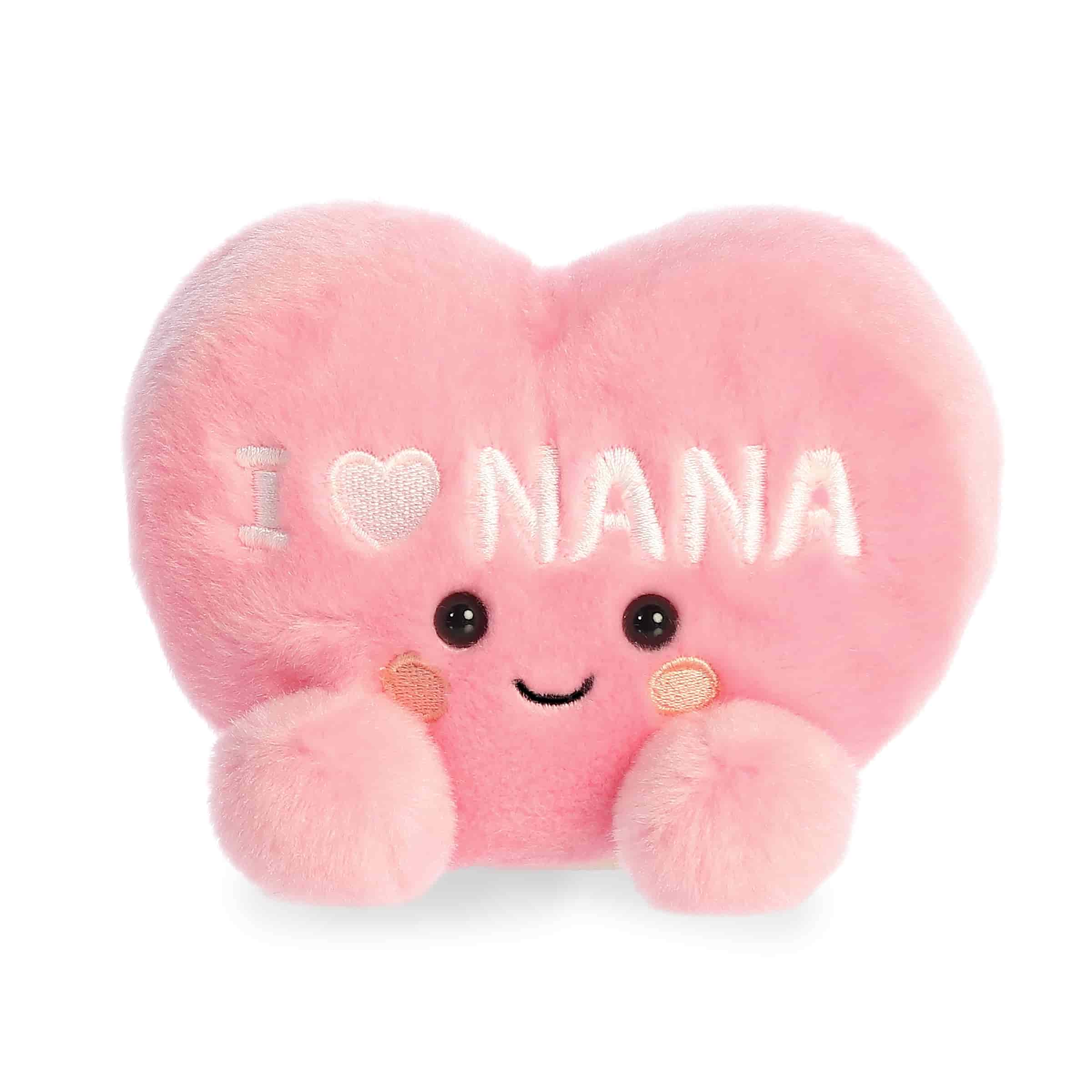 Pink heart plush with embroidered I Love Nana text, rounded Palm Pal shape, soft fabric body