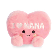 Pink heart plush with embroidered I Love Nana text, rounded Palm Pal shape, soft fabric body