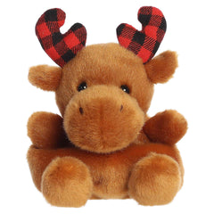 Brown moose plush with plaid antlers and fits in the palm of your hand.