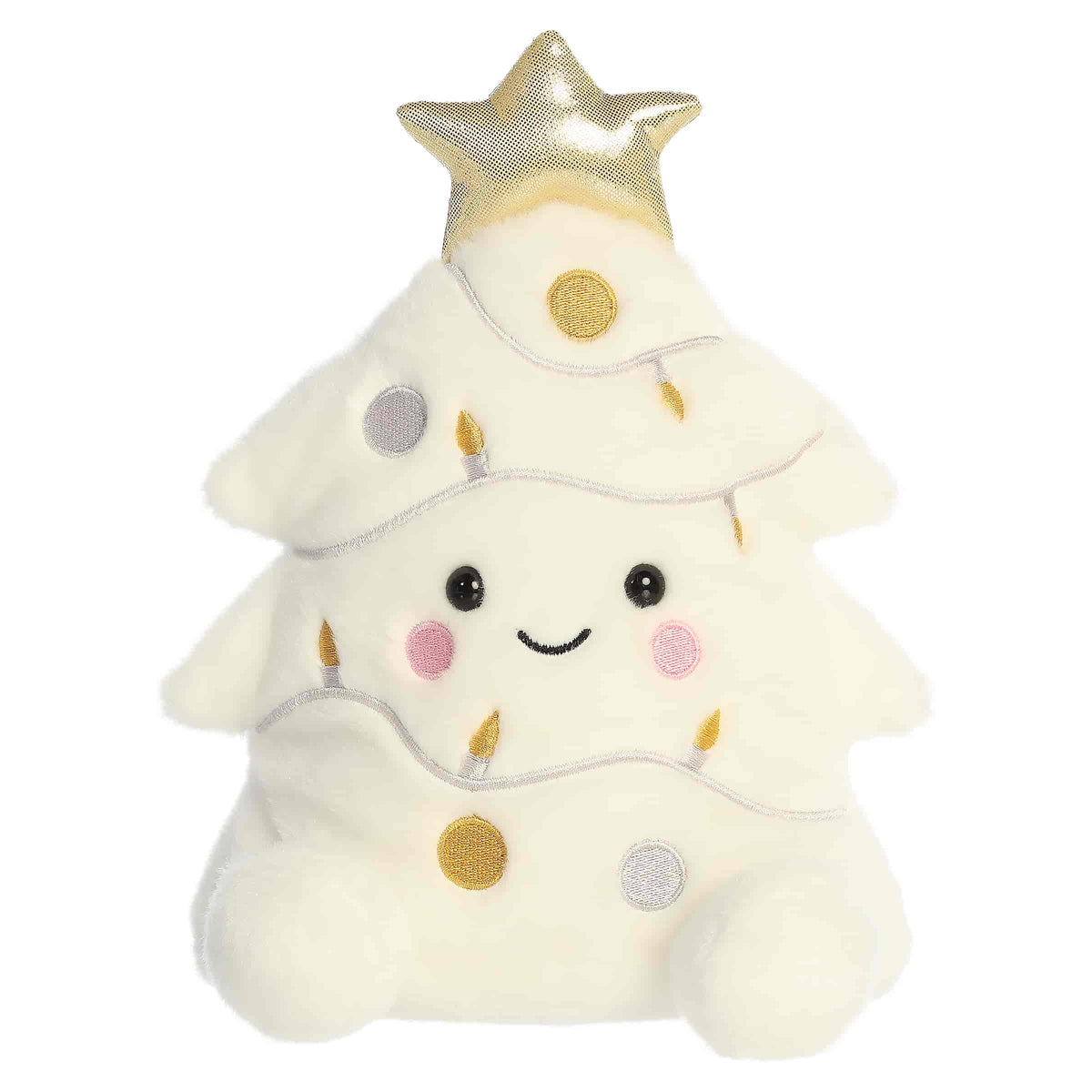 Large white Christmas tree plush with ornaments and a gold star topper