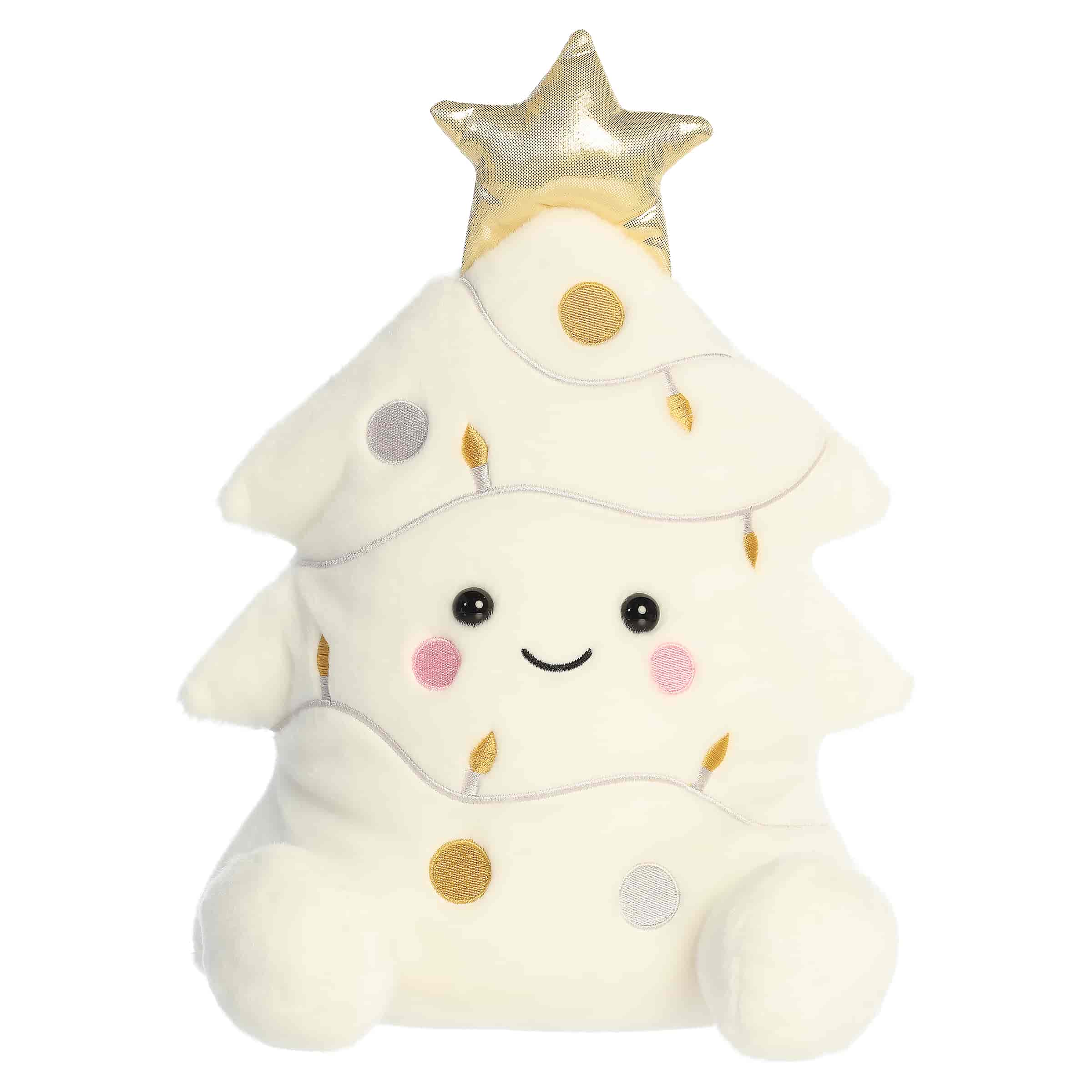 Oversized white Christmas tree plush with ornaments and a gold star topper