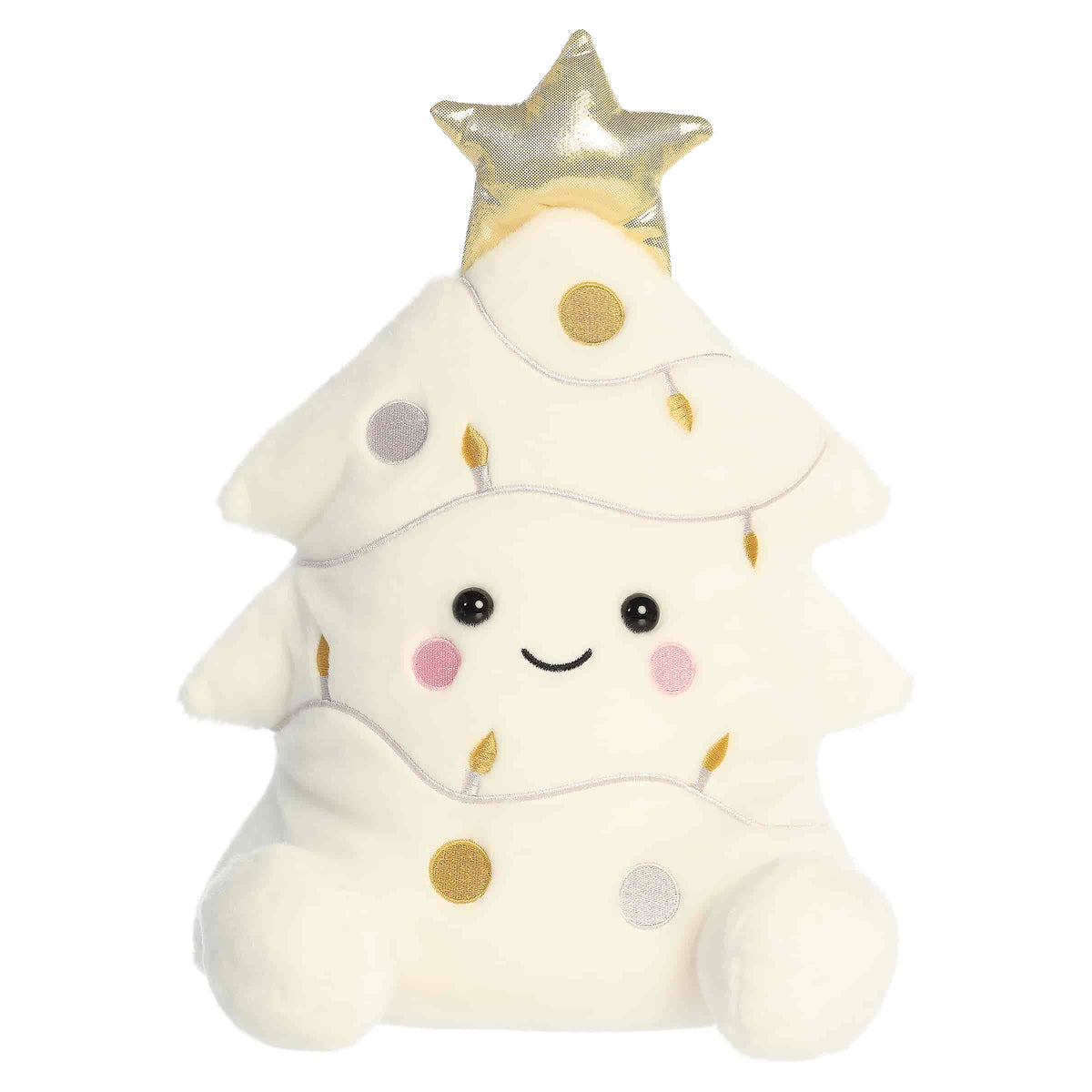 Oversized white Christmas tree plush with ornaments and a gold star topper