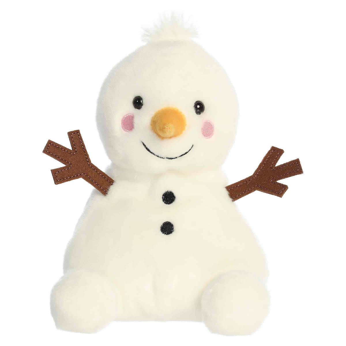 Large white snowman plush with a carrot nose, stick arms, and fits in the palm of your hand.