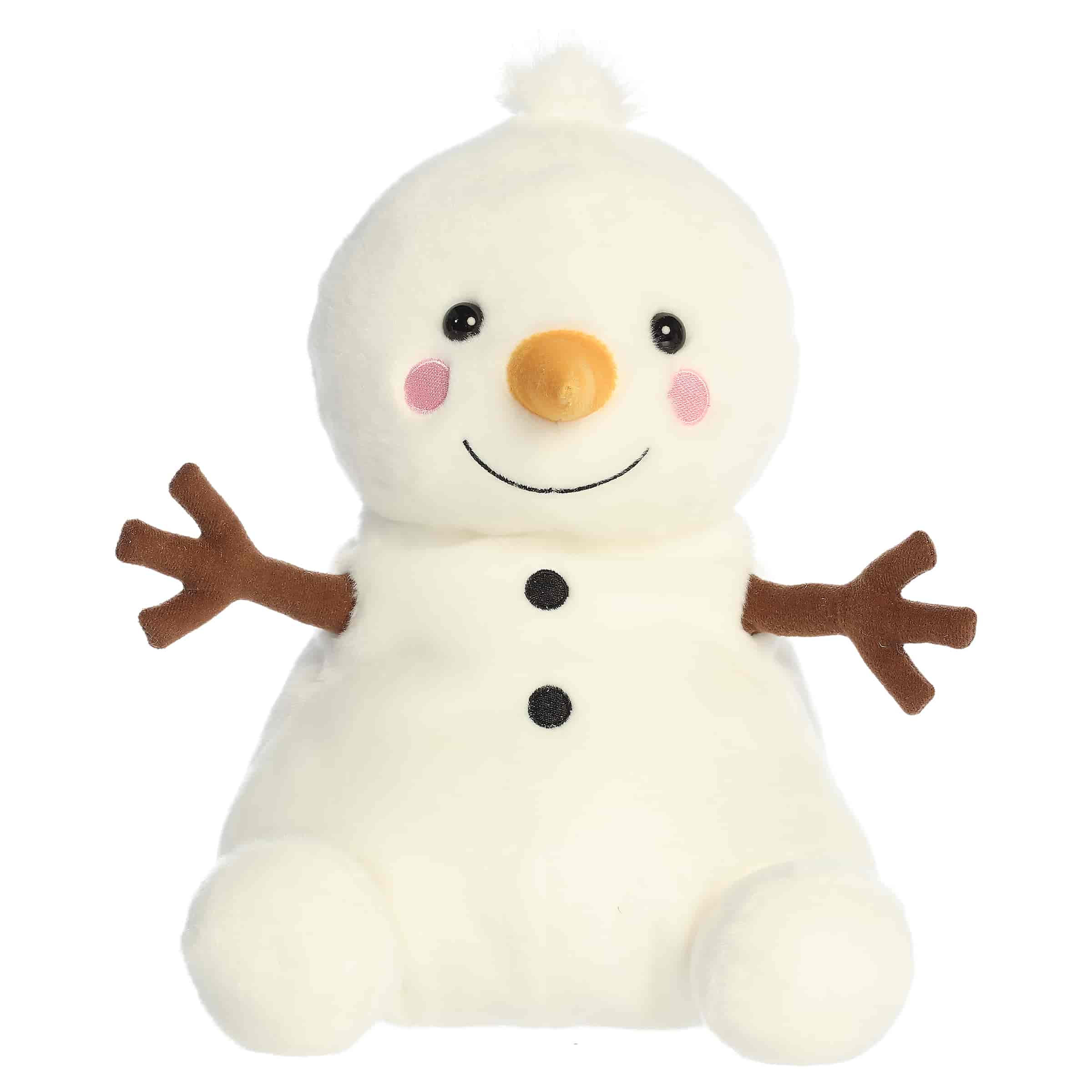 Oversized white snowman plush with a carrot nose and classic winter details