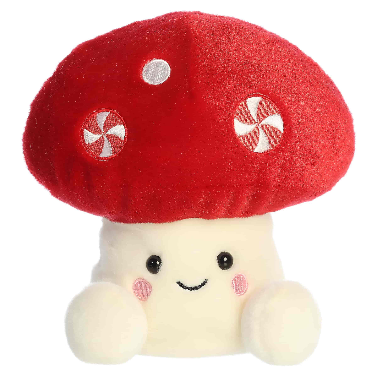 Large red peppermint mushroom plush with a smiling face and fits in the palm of your hand.