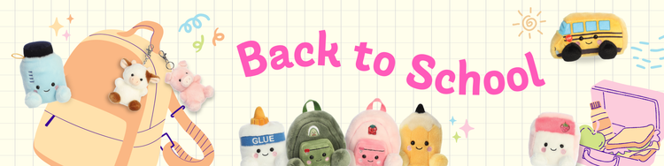 Back to School banner featuring school-themed plush toys