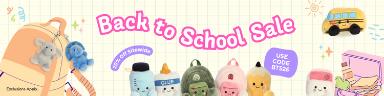 A promotional banner for a 'Back to School Sale' featuring a collection of school themed plushies and keychain clip-on plushies with the text "20% off sitewide use code BTS26".