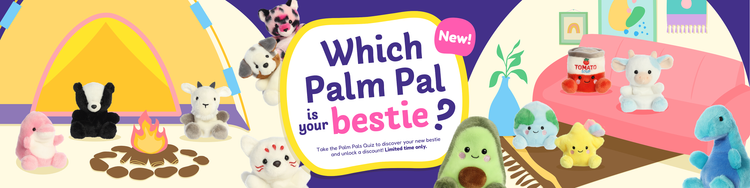 2 groups of Palm Pals at a camping site and at home. Text reads Which Palm Pal is your bestie? Take the Palm Pals Quiz to discover your new bestie and unlock a discount. Limited time only. The sticker said New!