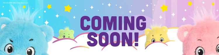 A long web banner featuring Care Bears palm pals plushies with text "coming soon!"