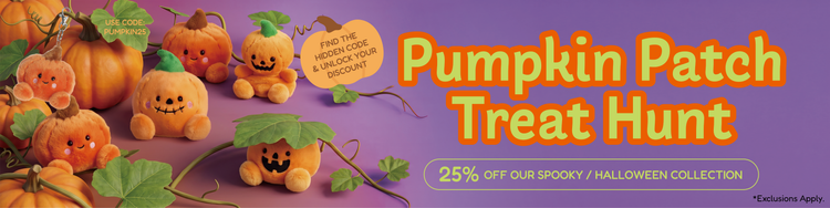 A long banner featuring pumpkin themed plushies with a text saying "pumpkin patch treat hunt" and "25% off our spooky/halloween collection" with a discount code "PUMPKIN25".