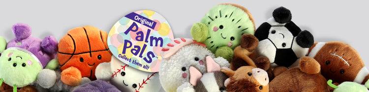 An assortment of Palm Pals from the Palm Pals collection including a football plush, alien plush, and plush soccer ball.