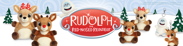 A holiday-themed banner for Rudolph the Red-Nosed Reindeer, featuring multiple plush toys, a small keychain, and a central oval logo reading 'RUDOLPH THE RED-NOSED REINDEER' against a snowy winter background.