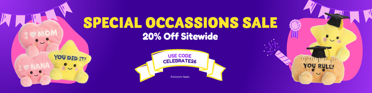 Promotional banner for a special occasions sale offering 20% off sitewide with code CELEBRATE26 featuring seasonal Palm Pals on a purple background.
