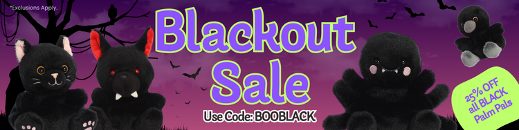 A long banner featuring black colored Palm Pals plushies with the text 25% of all black Palm Pals using code BOOBLACK.