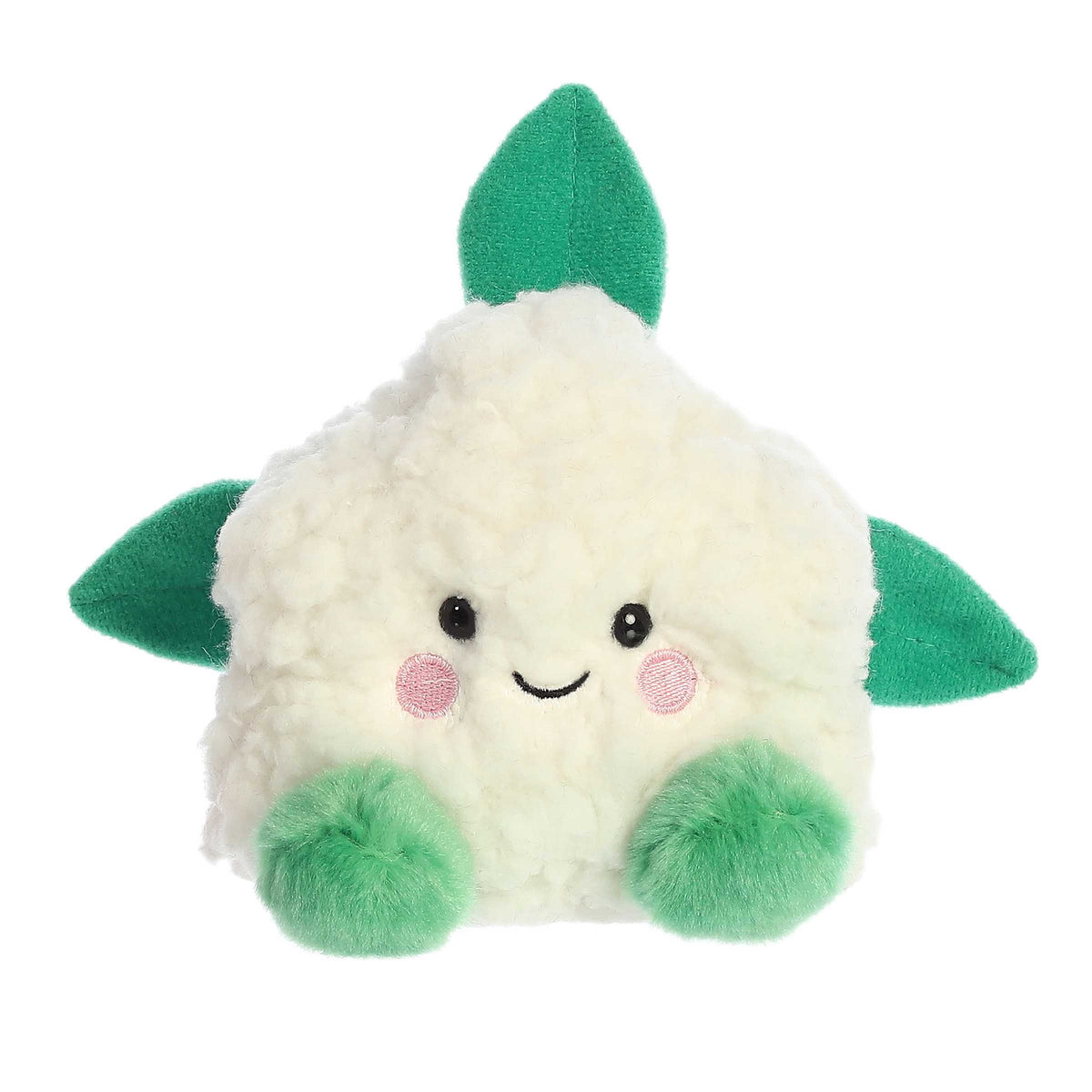A fluffy white cauliflower plush resembling the vegetable, with green leaves and feet, an adorable smile, and pink blush