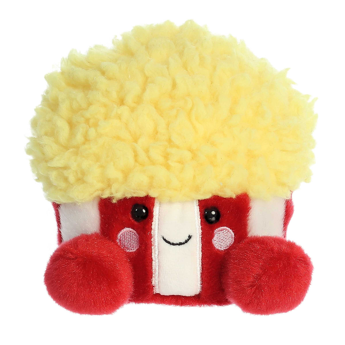 A delicious popcorn plush with a fluffy yellow top and a traditional red and white movie theater bucket