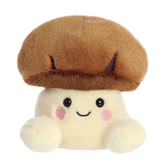 A lovable mushroom plush with a fluffy brown mushroom cap and yellowish-white stem, round cute feet, and a blushing smile