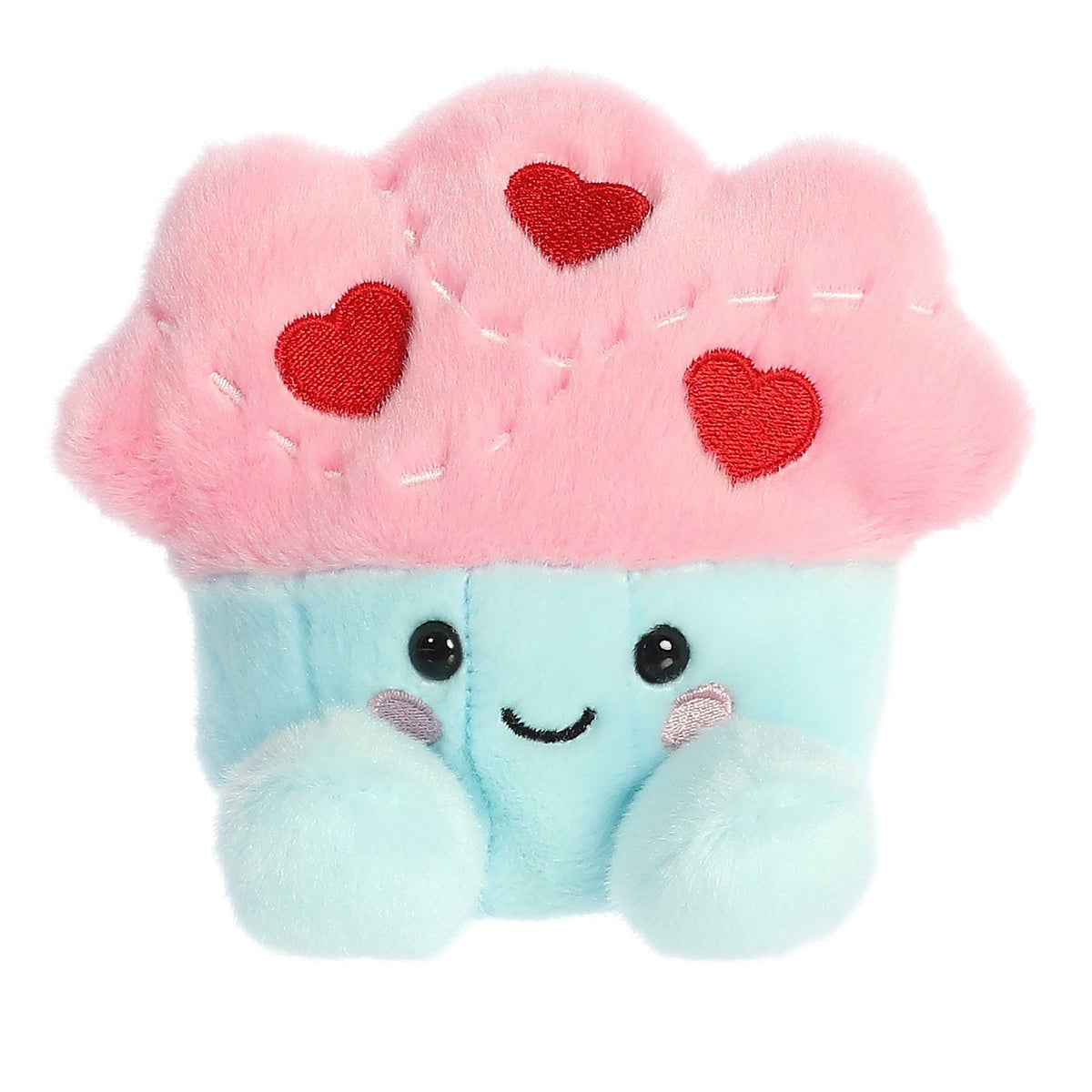 Cupcake plush from Palm Pals, with a blue casing and fluffy top sprinkled with hearts, ready to share love.