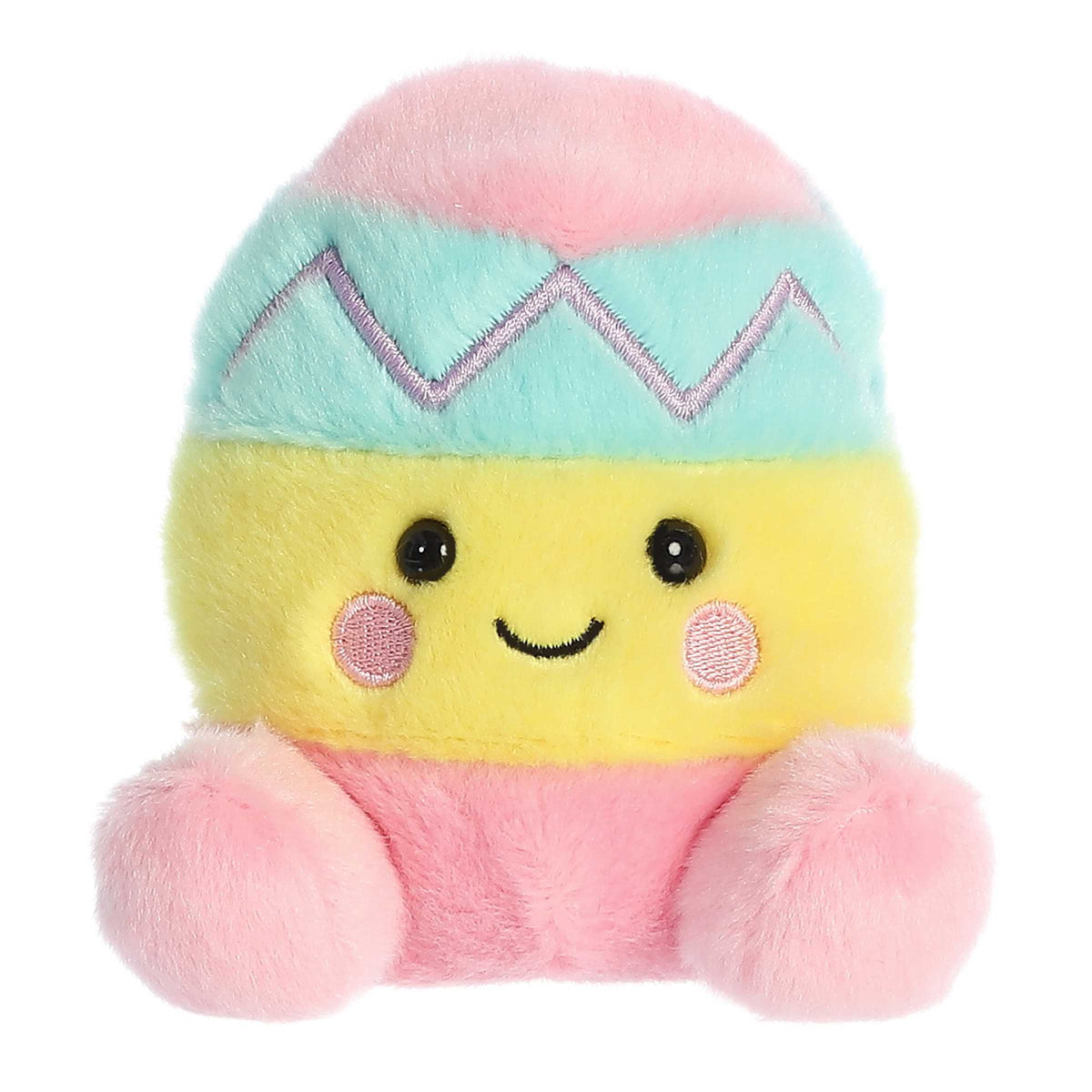 Zaggy Egg Palm Pal plush, fluffy pink base with sunny yellow face and cool aqua shell, and a pink zigzag top egg plush.